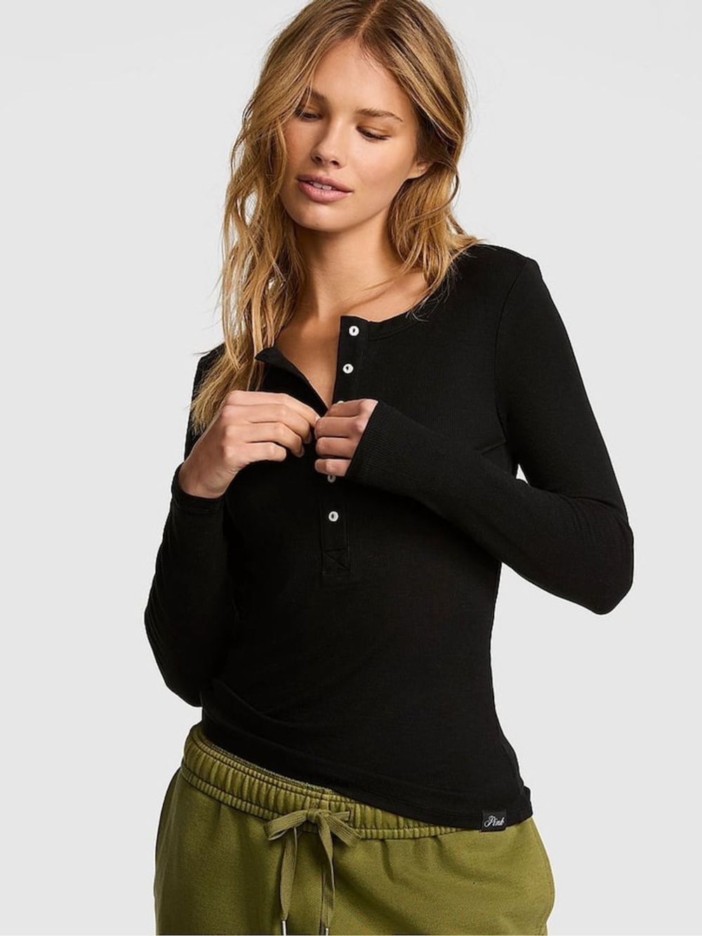 Victoria’s Secret PINK Black Ribbed Long Sleeve Henley Top